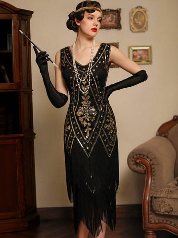 V Neck Fringed Gatsby Dress Women's 1920s Fringe Trim Sequin Dress Without Arm Sleeves
