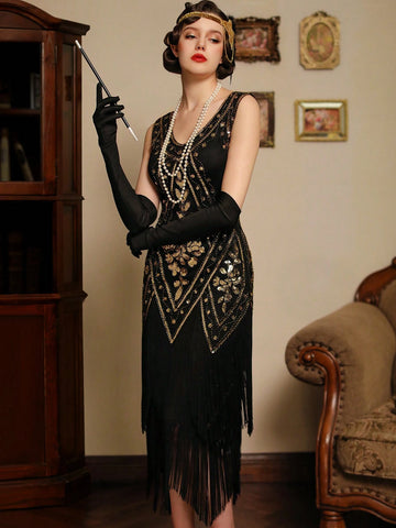 V Neck Fringed Gatsby Dress Women's 1920s Fringe Trim Sequin Dress Without Arm Sleeves