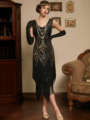 V Neck Fringed Gatsby Dress Women's 1920s Fringe Trim Sequin Dress Without Arm Sleeves