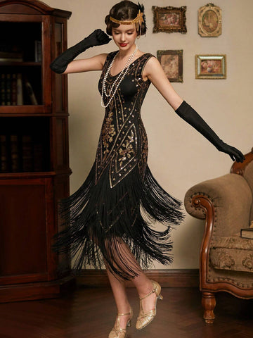 V Neck Fringed Gatsby Dress Women's 1920s Fringe Trim Sequin Dress Without Arm Sleeves