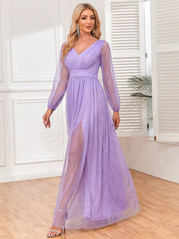 V Neck Lantern Sleeve Mesh Overlay Bridesmaid Dress