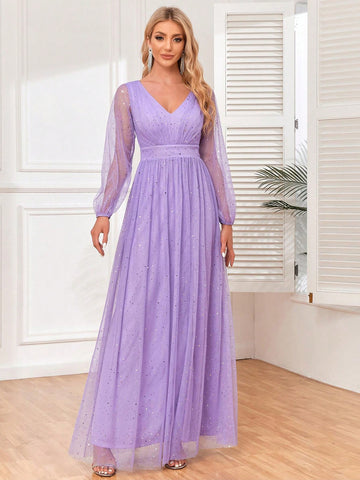V Neck Lantern Sleeve Mesh Overlay Bridesmaid Dress