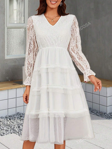 V Neck Long Sleeve Lace & Mesh Patchwork Elegant Tiered Dress