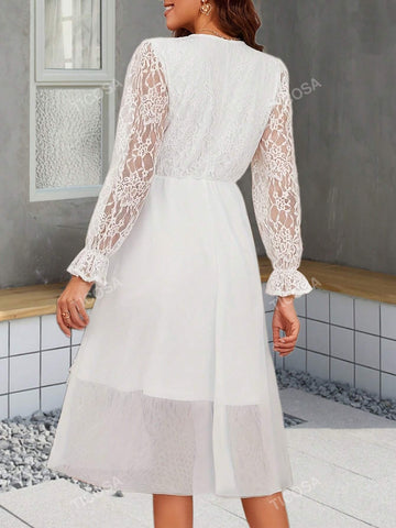 V Neck Long Sleeve Lace & Mesh Patchwork Elegant Tiered Dress