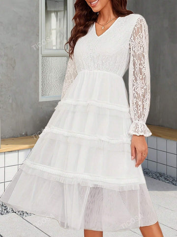 V Neck Long Sleeve Lace & Mesh Patchwork Elegant Tiered Dress