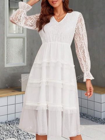 V Neck Long Sleeve Lace & Mesh Patchwork Elegant Tiered Dress