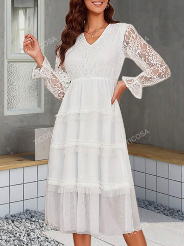 V Neck Long Sleeve Lace & Mesh Patchwork Elegant Tiered Dress
