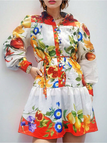 Vacation Casual Retro Printed Tied Long Sleeve Dress