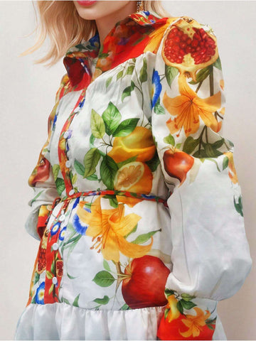 Vacation Casual Retro Printed Tied Long Sleeve Dress