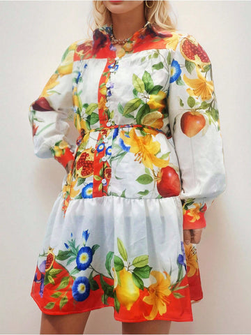 Vacation Casual Retro Printed Tied Long Sleeve Dress