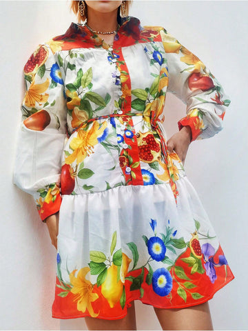 Vacation Casual Retro Printed Tied Long Sleeve Dress