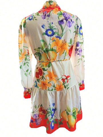 Vacation Casual Retro Printed Tied Long Sleeve Dress