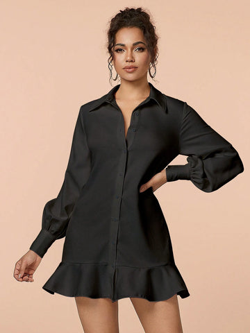 Valentine Ruffle Hem Button Front Shirt Dress