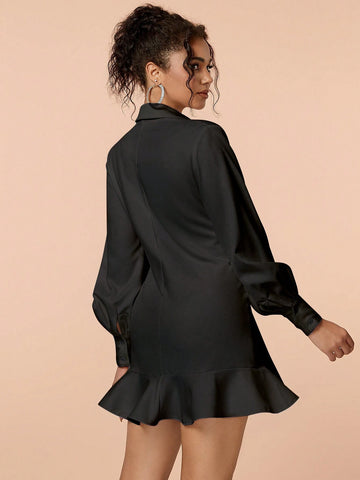 Valentine Ruffle Hem Button Front Shirt Dress