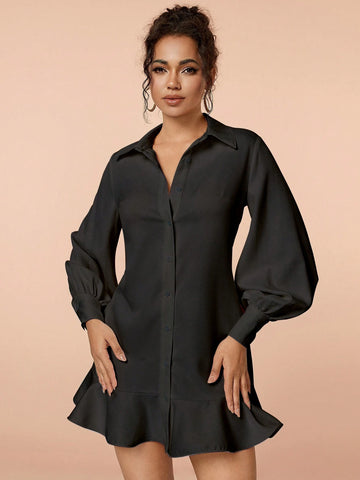 Valentine Ruffle Hem Button Front Shirt Dress