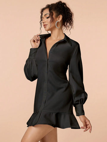 Valentine Ruffle Hem Button Front Shirt Dress