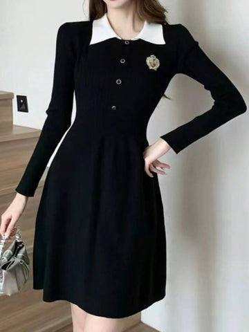 Valentine's Day/New Year Preppy Style Long Sleeve Knitted Dress Elegant Slimming A-Line Female Clothes Vintage