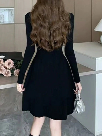 Valentine's Day/New Year Preppy Style Long Sleeve Knitted Dress Elegant Slimming A-Line Female Clothes Vintage