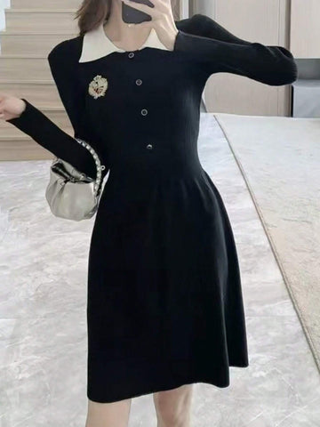 Valentine's Day/New Year Preppy Style Long Sleeve Knitted Dress Elegant Slimming A-Line Female Clothes Vintage