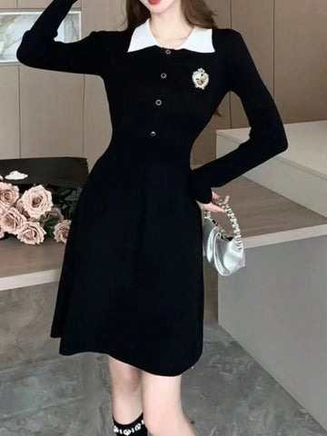 Valentine's Day/New Year Preppy Style Long Sleeve Knitted Dress Elegant Slimming A-Line Female Clothes Vintage
