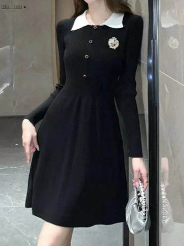 Valentine's Day/New Year Preppy Style Long Sleeve Knitted Dress Elegant Slimming A-Line Female Clothes Vintage