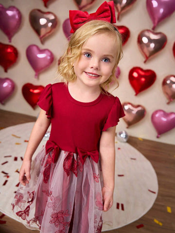 Valentine's Day Girls' Elegant 3D Bow, Butterfly Embroidery Mesh Cap Sleeve Ruffle Decorated Princess Party Dress, Suitable For Gatherings, Parties, Summer