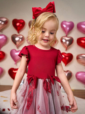 Valentine's Day Girls' Elegant 3D Bow, Butterfly Embroidery Mesh Cap Sleeve Ruffle Decorated Princess Party Dress, Suitable For Gatherings, Parties, Summer