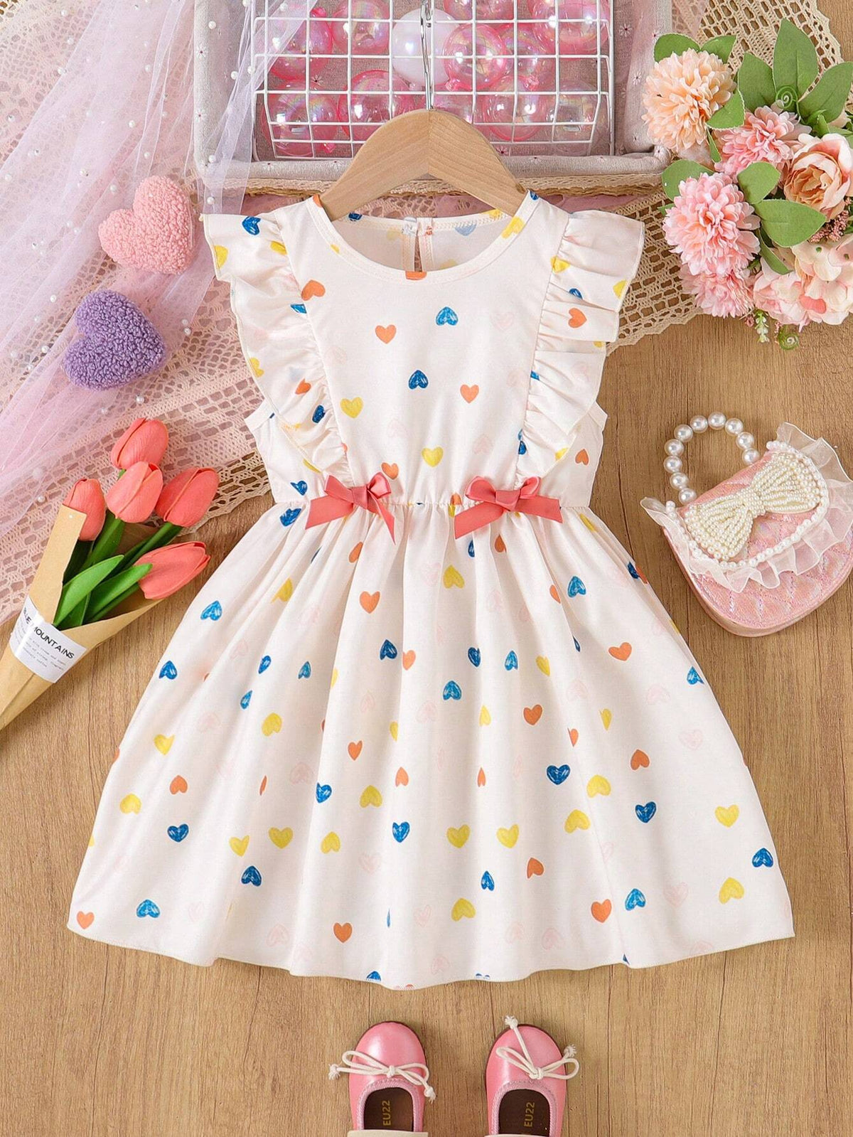 Valentine's Day Girls Ruffle Heart Print Bow Decor Cute Round Neck Dress