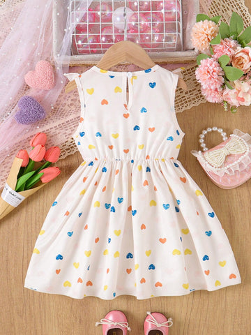 Valentine's Day Girls Ruffle Heart Print Bow Decor Cute Round Neck Dress