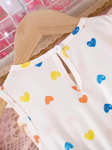 Valentine's Day Girls Ruffle Heart Print Bow Decor Cute Round Neck Dress