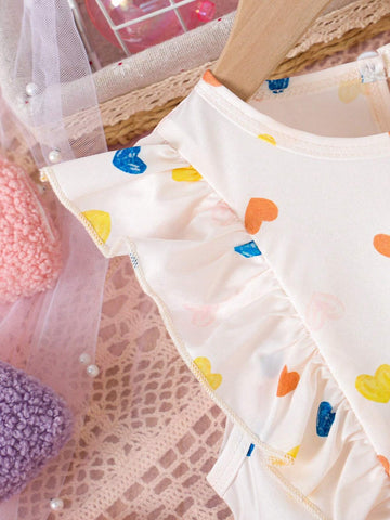 Valentine's Day Girls Ruffle Heart Print Bow Decor Cute Round Neck Dress