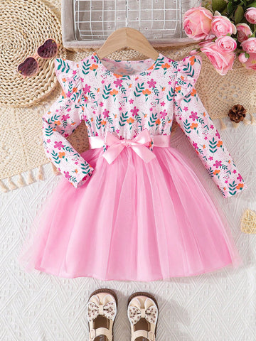 Valentine's Day Girl's Ruffle Snowman & Snowflake Print Mesh Patchwork Dress With Belt
