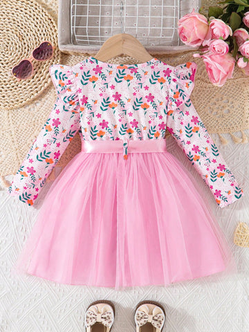 Valentine's Day Girl's Ruffle Snowman & Snowflake Print Mesh Patchwork Dress With Belt