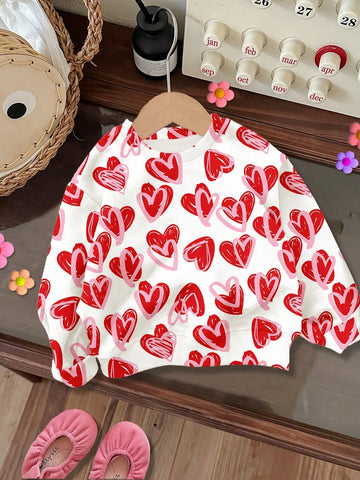 Valentine's Day Hand-Painted Pink & Red Heart Print Casual Loose Round Neck Comfortable Everyday Knitted Long Sleeve Sweatshirt