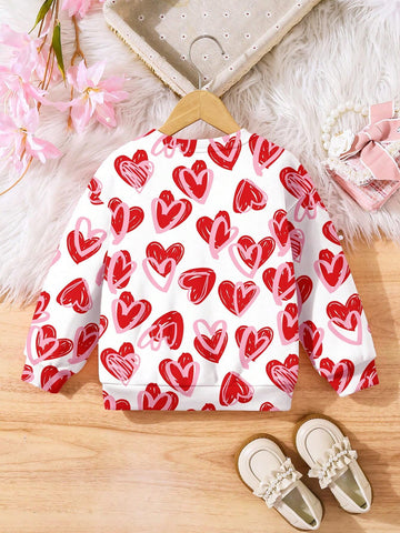Valentine's Day Hand-Painted Pink & Red Heart Print Casual Loose Round Neck Comfortable Everyday Knitted Long Sleeve Sweatshirt