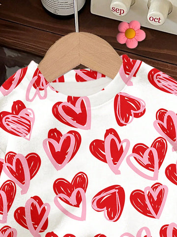 Valentine's Day Hand-Painted Pink & Red Heart Print Casual Loose Round Neck Comfortable Everyday Knitted Long Sleeve Sweatshirt