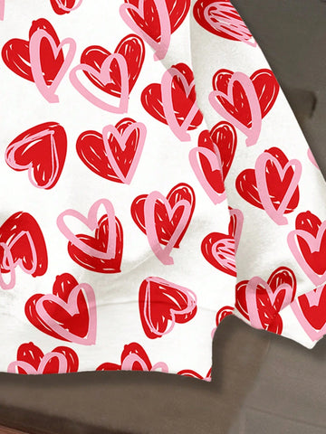 Valentine's Day Hand-Painted Pink & Red Heart Print Casual Loose Round Neck Comfortable Everyday Knitted Long Sleeve Sweatshirt