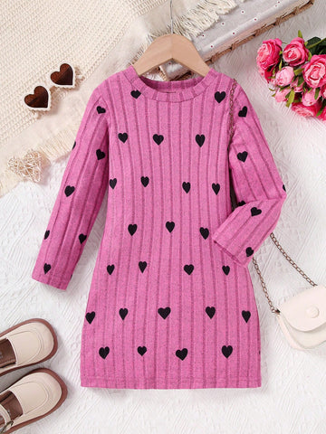 Valentine's Day Heart Print Crew Neck Thick Rib Knit Comfortable Dress, Girls Fashion Dress, Suitable For Outerwear