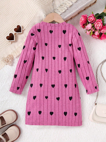 Valentine's Day Heart Print Crew Neck Thick Rib Knit Comfortable Dress, Girls Fashion Dress, Suitable For Outerwear