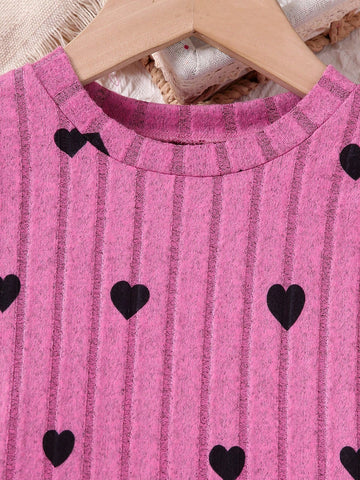 Valentine's Day Heart Print Crew Neck Thick Rib Knit Comfortable Dress, Girls Fashion Dress, Suitable For Outerwear