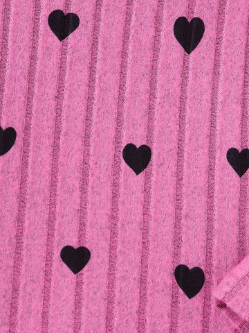 Valentine's Day Heart Print Crew Neck Thick Rib Knit Comfortable Dress, Girls Fashion Dress, Suitable For Outerwear