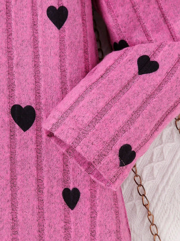 Valentine's Day Heart Print Crew Neck Thick Rib Knit Comfortable Dress, Girls Fashion Dress, Suitable For Outerwear