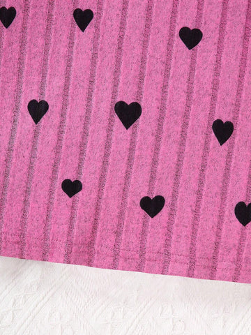 Valentine's Day Heart Print Crew Neck Thick Rib Knit Comfortable Dress, Girls Fashion Dress, Suitable For Outerwear