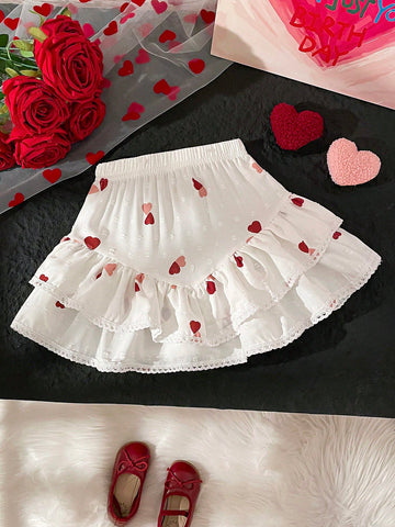 Valentine's Day Prom Dress Style Girls Casual Heart Print Cake Skirt, New Fashion Young Girl Skirt Suit, Suitable For Spring/Autumn