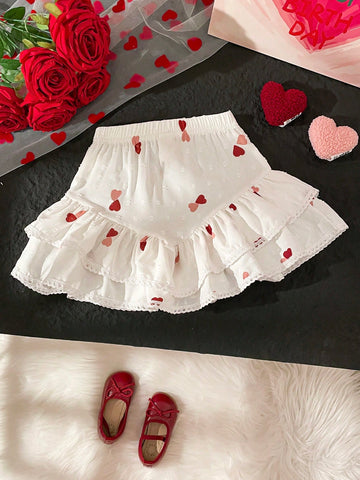 Valentine's Day Prom Dress Style Girls Casual Heart Print Cake Skirt, New Fashion Young Girl Skirt Suit, Suitable For Spring/Autumn