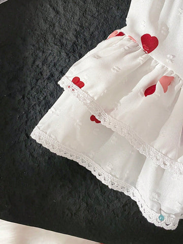 Valentine's Day Prom Dress Style Girls Casual Heart Print Cake Skirt, New Fashion Young Girl Skirt Suit, Suitable For Spring/Autumn