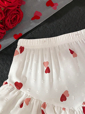 Valentine's Day Prom Dress Style Girls Casual Heart Print Cake Skirt, New Fashion Young Girl Skirt Suit, Suitable For Spring/Autumn