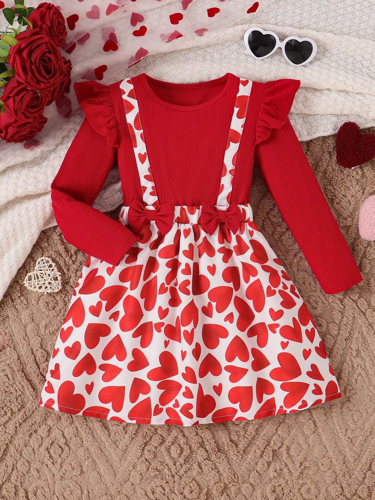 Valentine's Day Young Girl Ruffle Bow Tie Heart Printed Dress