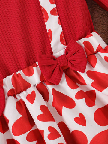 Valentine's Day Young Girl Ruffle Bow Tie Heart Printed Dress