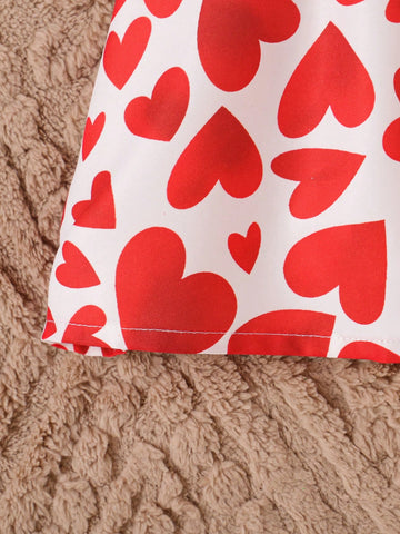 Valentine's Day Young Girl Ruffle Bow Tie Heart Printed Dress